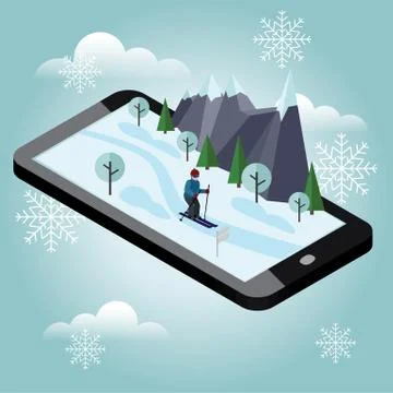 Isometric man skiing. Mobile navigation. Videos and photos keeped in phone Stock Illustration