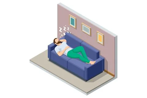 Isometric man sleeping on sofa. Tiredness and exhaustion concept Stock Illustration