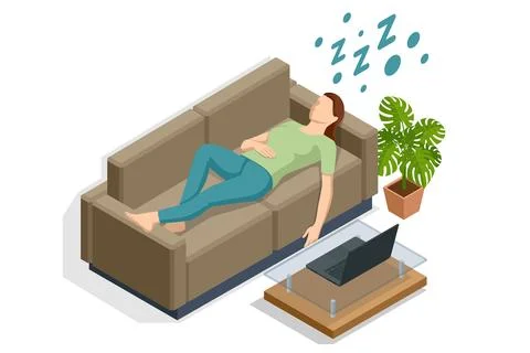 Isometric a man sleeps on the sofa at home, next to him there is a table with a Stock Illustration