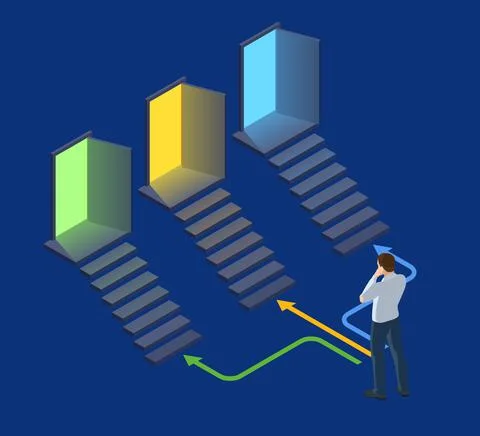 Isometric man is standing in front of three doors and having a choice. Symbol of Stock Illustration