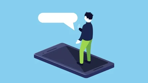 Isometric man standing on smartphone screen with empty speech bubble for co.. Stock Footage 333545638