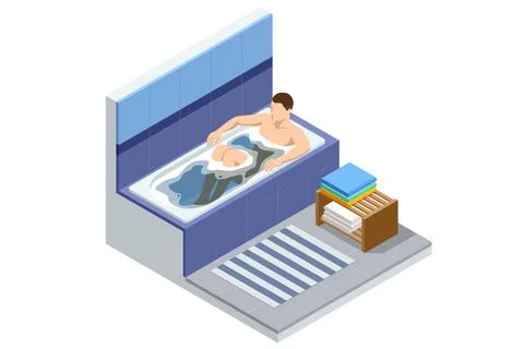 Isometric man taking bath full of soap foam. Body hygiene, relaxing. Male Stock Illustration