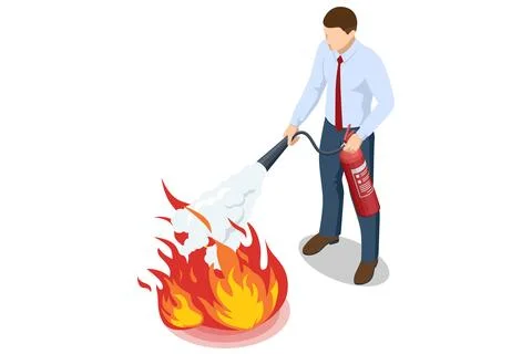 Isometric man using fire extinguisher to suppress flames Stock Illustration