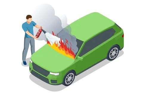 Isometric man using fire extinguisher on burning car Stock Illustration