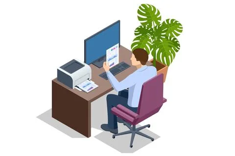 Isometric man using modern printer in office. New modern printer. Business Stock Illustration