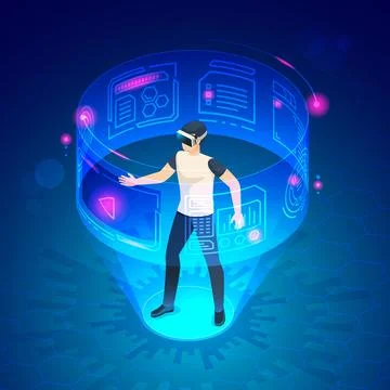 Isometric man in vr. Future world virtual goggles headset gadgets game ente.. Illustrazione stock