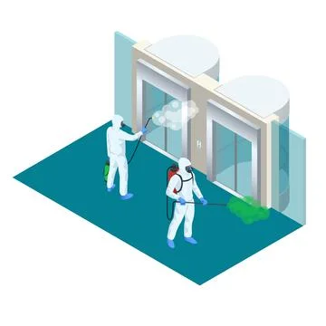 Isometric man wearing a protective suit disinfects passenger or cargo elevators Stock Illustration