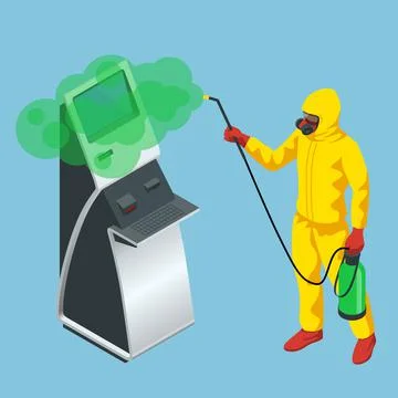 Isometric man wearing a protective suit disinfects online payment systems and Stock Illustration