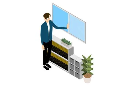 Isometric, a man who opens windows for ventilation Stock Illustration