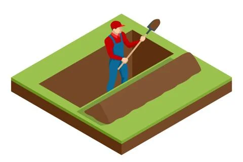Isometric a man in work clothes digging a hole. Construction worker with a Stock Illustration