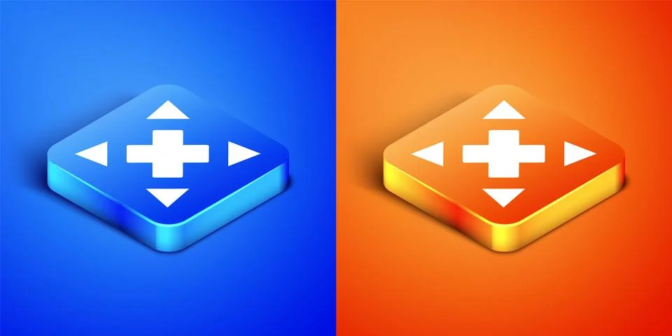 Isometric Many ways directional arrow icon isolated on blue and orange Stock Illustration