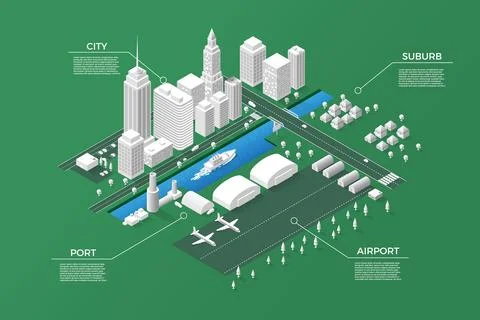 Isometric map city. 3D white town district elements. Houses and roads. Urban or 스톡 일러스트