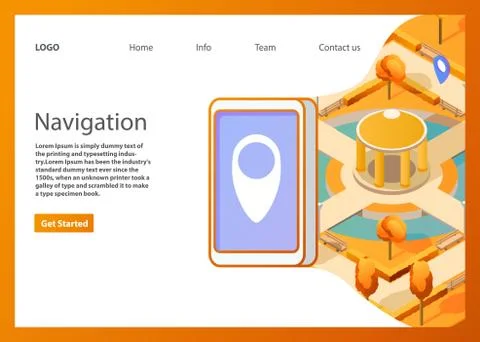 Isometric map mobile GPS navigation. Public autumn park navigator pin red col Ilustração Stock