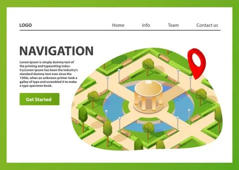 Isometric map mobile GPS navigation. Public summer park navigator pin red col Ilustración de archivo