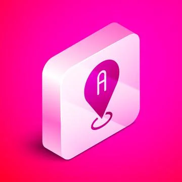 Isometric Map pin icon isolated on pink background. Navigation, pointer Stock Illustration