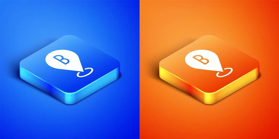 Isometric Map pin icon isolated on blue and orange background. Navigation, po 스톡 일러스트