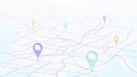 Isometric map with pins location on streets, marked with different colors. Pins Stock Illustration