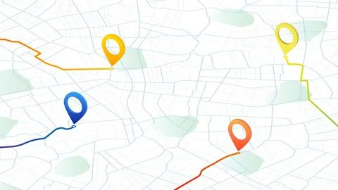Isometric map with pins location on streets, marked with different colors. Pins Stock-Illustration