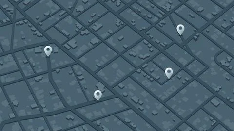 Isometric map with pins location on streets. Online navigation map pointer Stock Illustration
