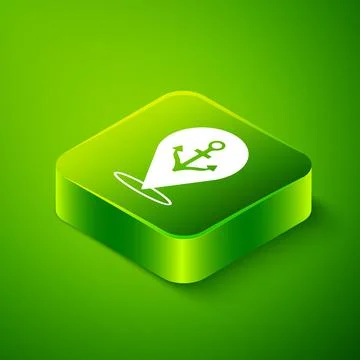 Isometric Map pointer with anchor icon isolated on green background. Green sq Stock Illustration