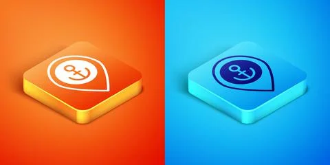 Isometric Map pointer with anchor icon isolated on orange and blue background Stock Illustration