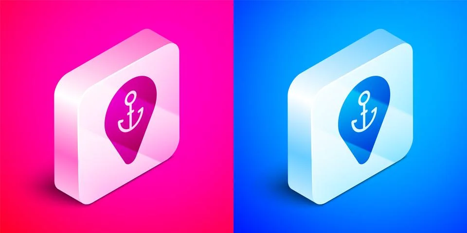 Isometric Map pointer with anchor icon isolated on pink and blue background.. 스톡 일러스트