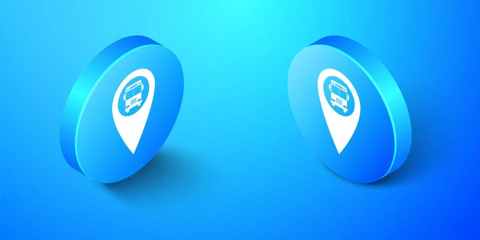 Isometric Map pointer with bus icon isolated on blue background. Blue circle 스톡 일러스트