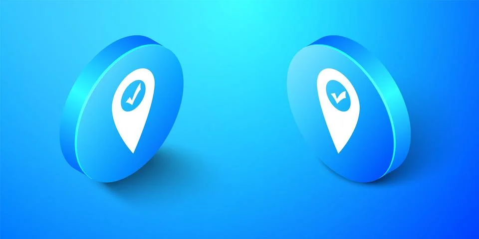 Isometric Map pointer with check mark icon isolated on blue background. Marker 스톡 일러스트