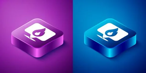Isometric Map pointer with fire flame icon isolated on blue and purple Stock Illustration