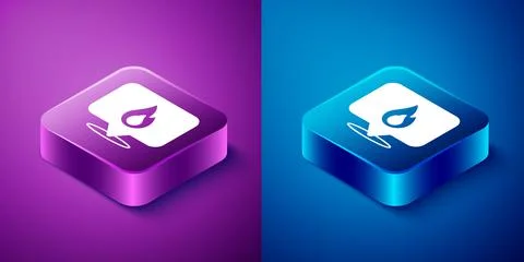 Isometric Map pointer with fire flame icon isolated on blue and purple Stock Illustration