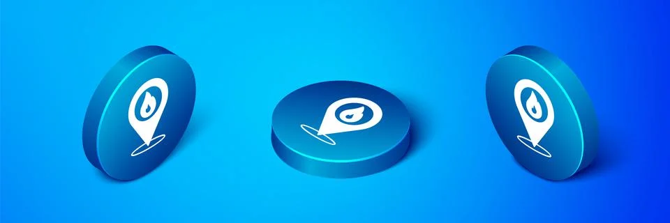 Isometric Map pointer with fire flame icon isolated on blue background. Fire  Stockillustratie