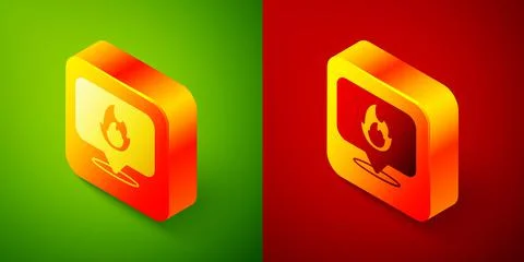 Isometric Map pointer with fire flame icon isolated on green and red background 스톡 일러스트