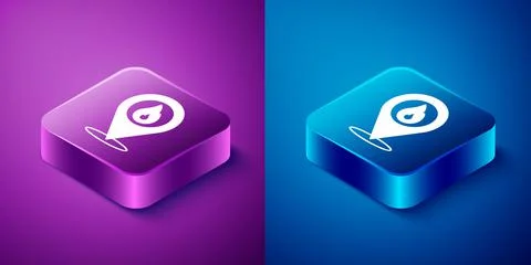 Isometric Map pointer with fire flame icon isolated on blue and purple Stockillustratie