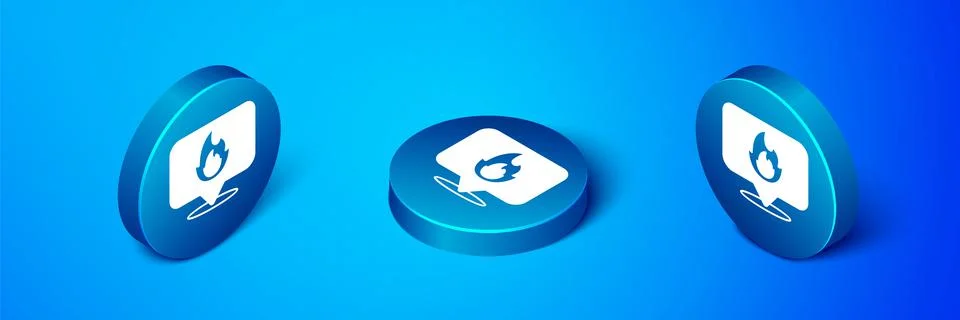 Isometric Map pointer with fire flame icon isolated on blue background. Fire Stock Illustration