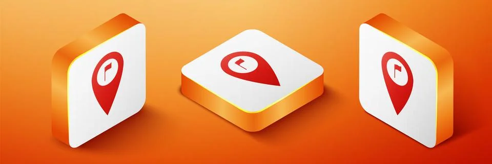 Isometric Map pointer with golf flag icon isolated on orange background 스톡 일러스트