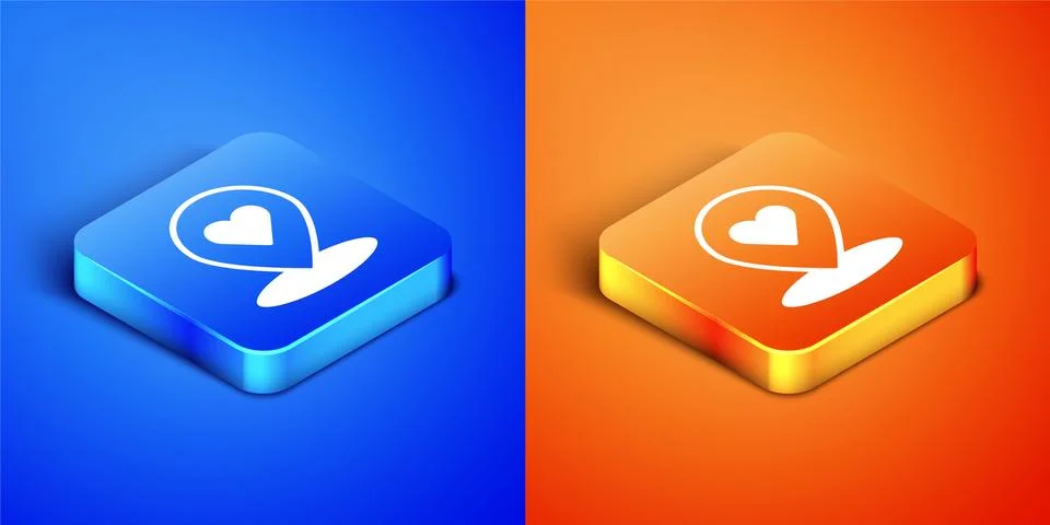Isometric Map pointer with heart icon isolated on blue and orange background Stock Illustration