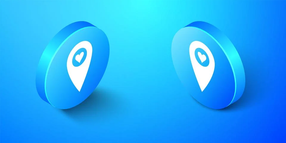 Isometric Map pointer with heart icon isolated on blue background. Valentines 스톡 일러스트