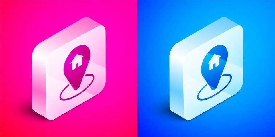 Isometric Map pointer with house icon isolated on pink and blue background. Home 스톡 일러스트