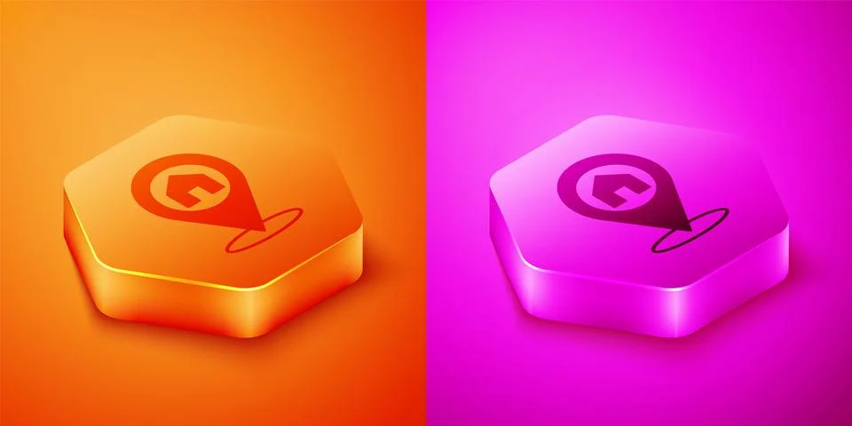 Isometric Map pointer with house icon isolated on orange and pink background Stockillustratie
