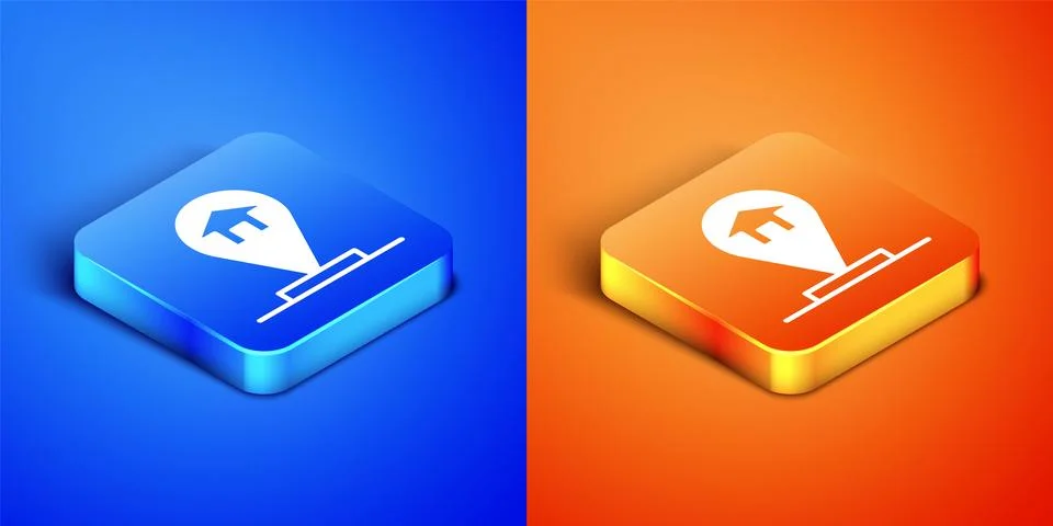 Isometric Map pointer with house icon isolated on blue and orange background Stock Illustration