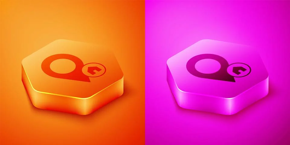 Isometric Map pointer with house icon isolated on orange and pink backgroun.. 스톡 일러스트