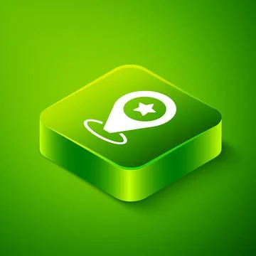 Isometric Map pointer with star icon isolated on green background. Star favorite Stock Illustration