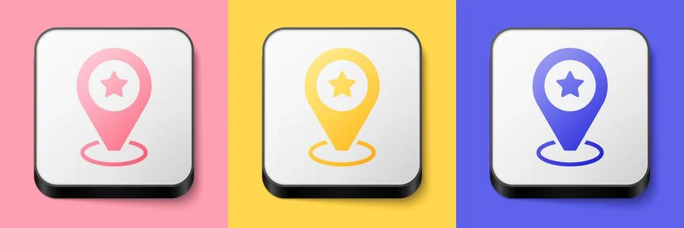 Isometric Map pointer with star icon isolated on pink, yellow and blue 스톡 일러스트