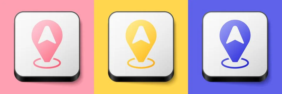 Isometric Map pointer with taxi car icon isolated on pink, yellow and blue 스톡 일러스트
