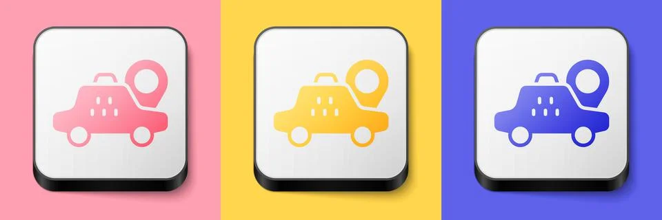 Isometric Map pointer with taxi car icon isolated on pink, yellow and blue ba 스톡 일러스트