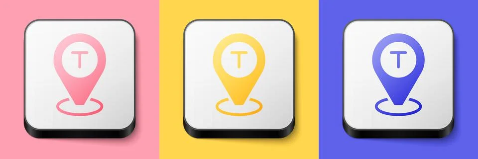 Isometric Map pointer with taxi car icon isolated on pink, yellow and blue イラスト素材