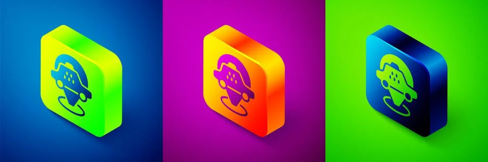 Isometric Map pointer with taxi car icon isolated on blue, purple and green Stock Illustration