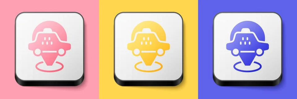 Isometric Map pointer with taxi car icon isolated on pink, yellow and blue Stock Illustration