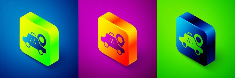 Isometric Map pointer with taxi car icon isolated on blue, purple and green Stock Illustration