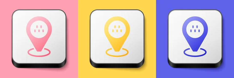 Isometric Map pointer with taxi car icon isolated on pink, yellow and blue ba 스톡 일러스트